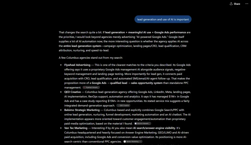 chatgpt search of columbus, oh marketing agencies experienced in lead generation and use of ai