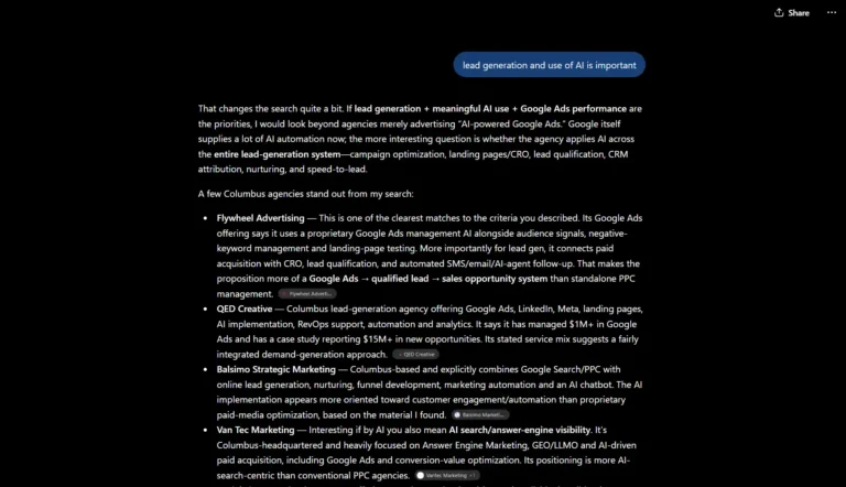 chatgpt search of columbus, oh marketing agencies experienced in lead generation and use of ai